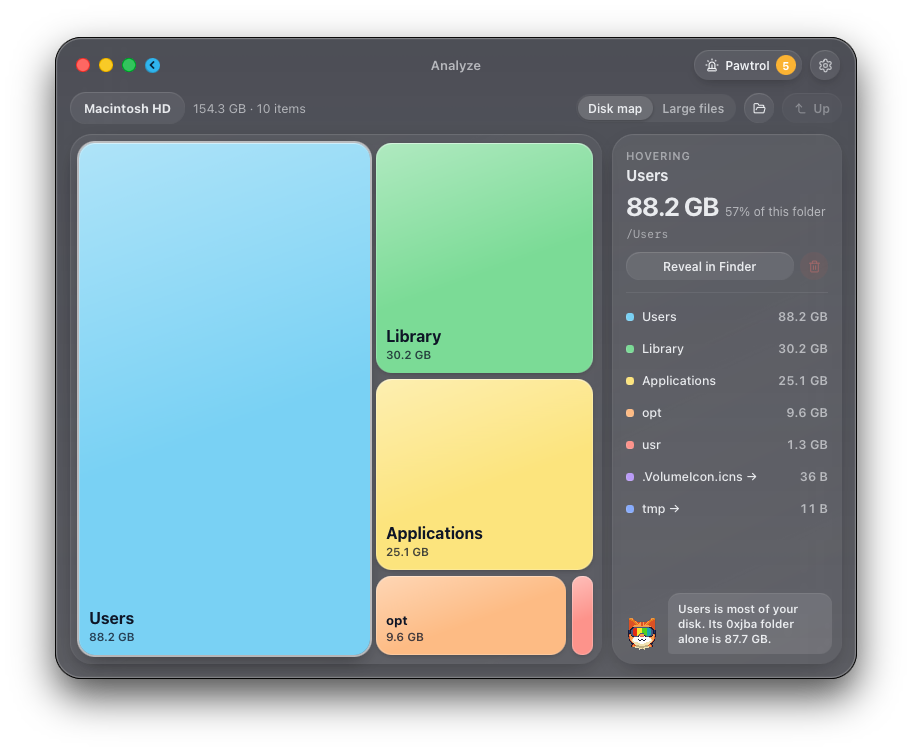 Kyra's Analyze module showing a disk map of folders sized by how much space they use