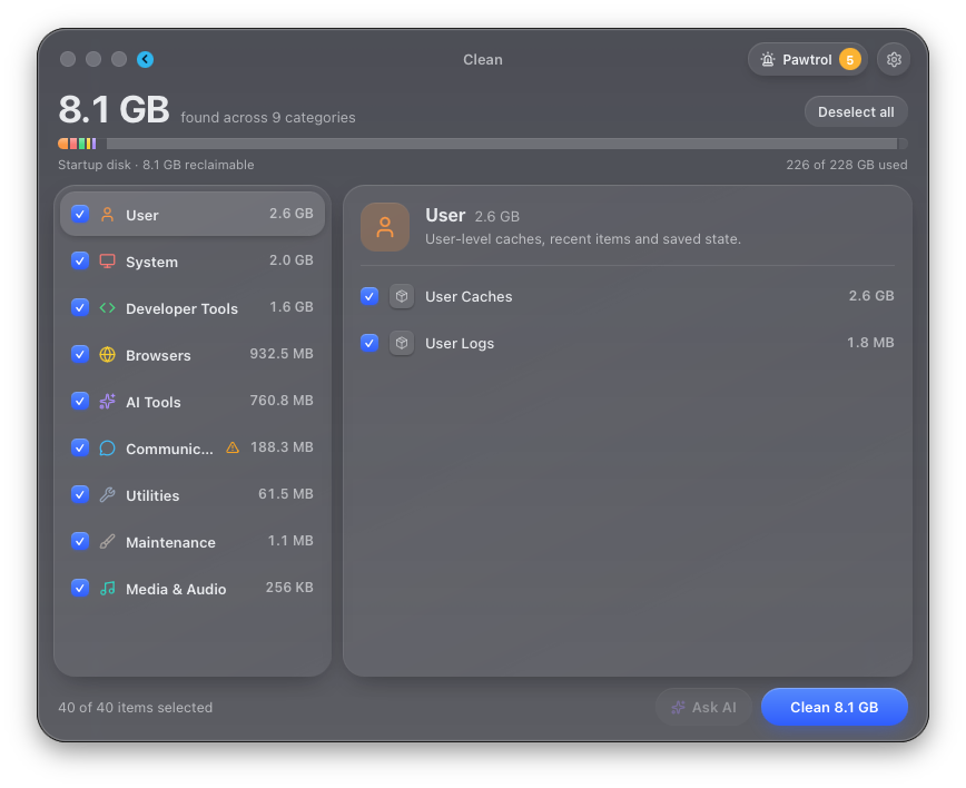Kyra's Clean results: 8.1 GB found across 9 categories, with each cache listed before anything is removed