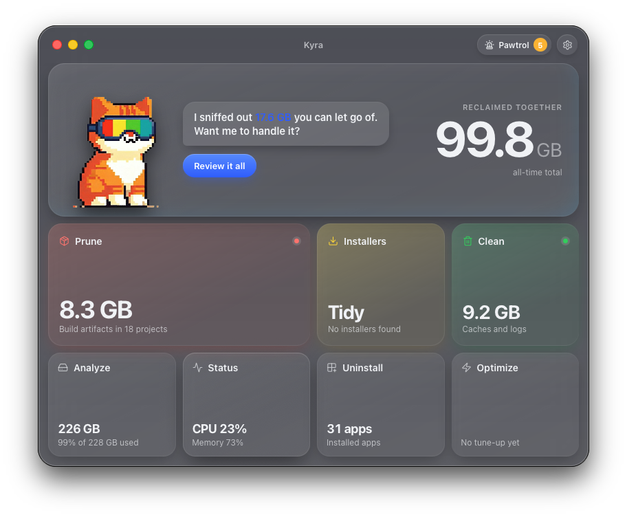 Kyra's home dashboard: free space on your Mac and how much each module can reclaim, in the Liquid Glass window