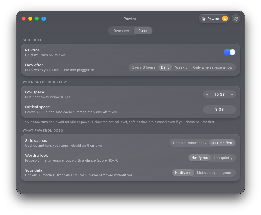 Pawtrol Rules tab: how often it runs, low and critical space thresholds, and what it does at each risk level