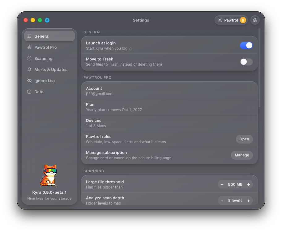 Kyra's Settings with Move to Trash, launch at login, notifications and Pawtrol subscription options