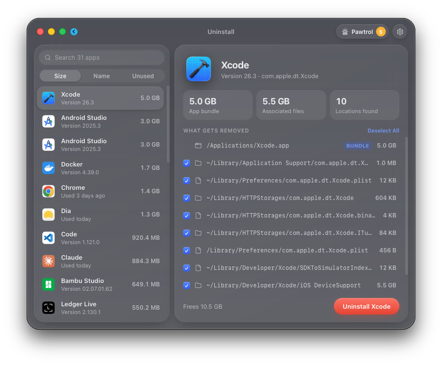 Kyra's Uninstall module showing an app with its support files and the data kept on your Mac